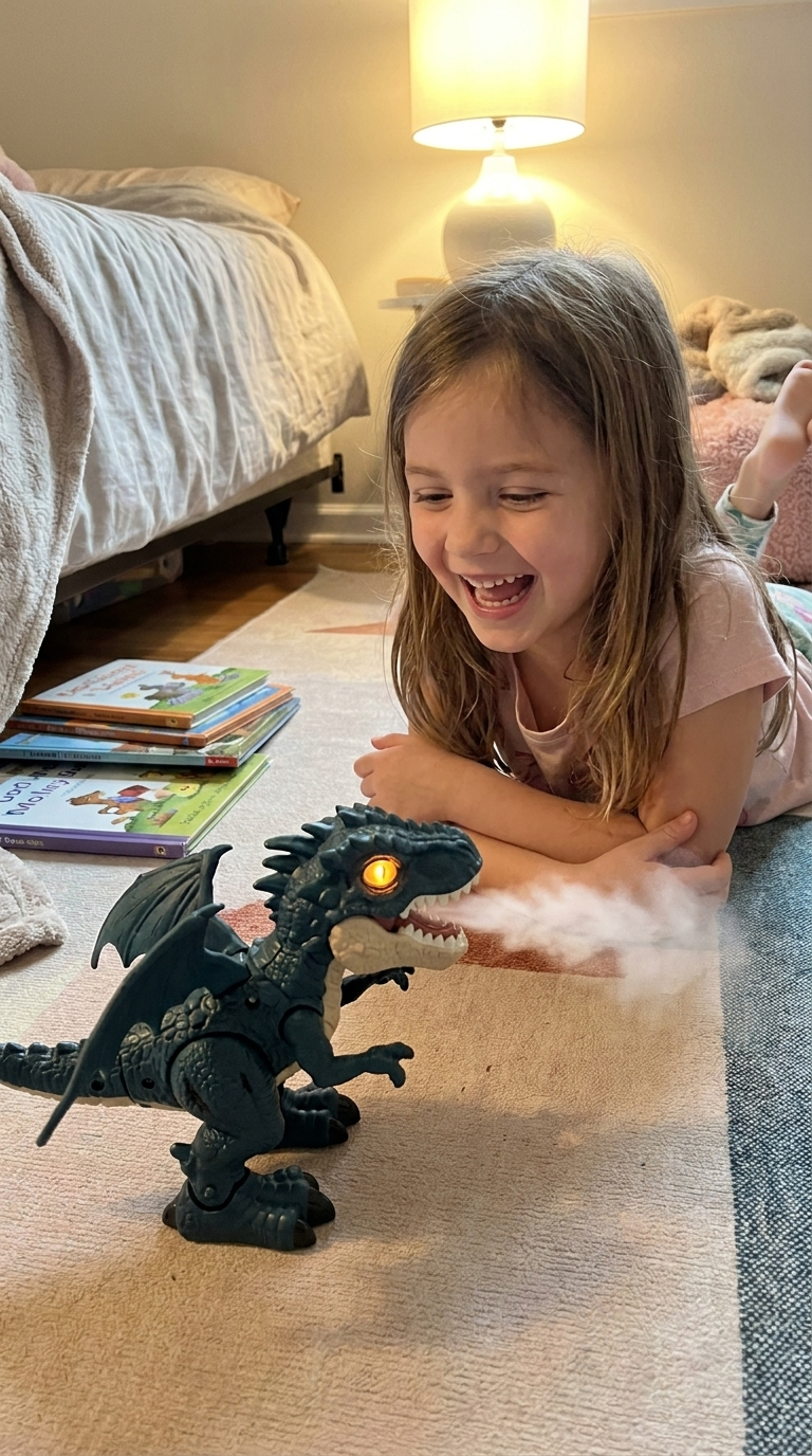 Devojčica se igra električnim dinosaurusom u sobi uveče