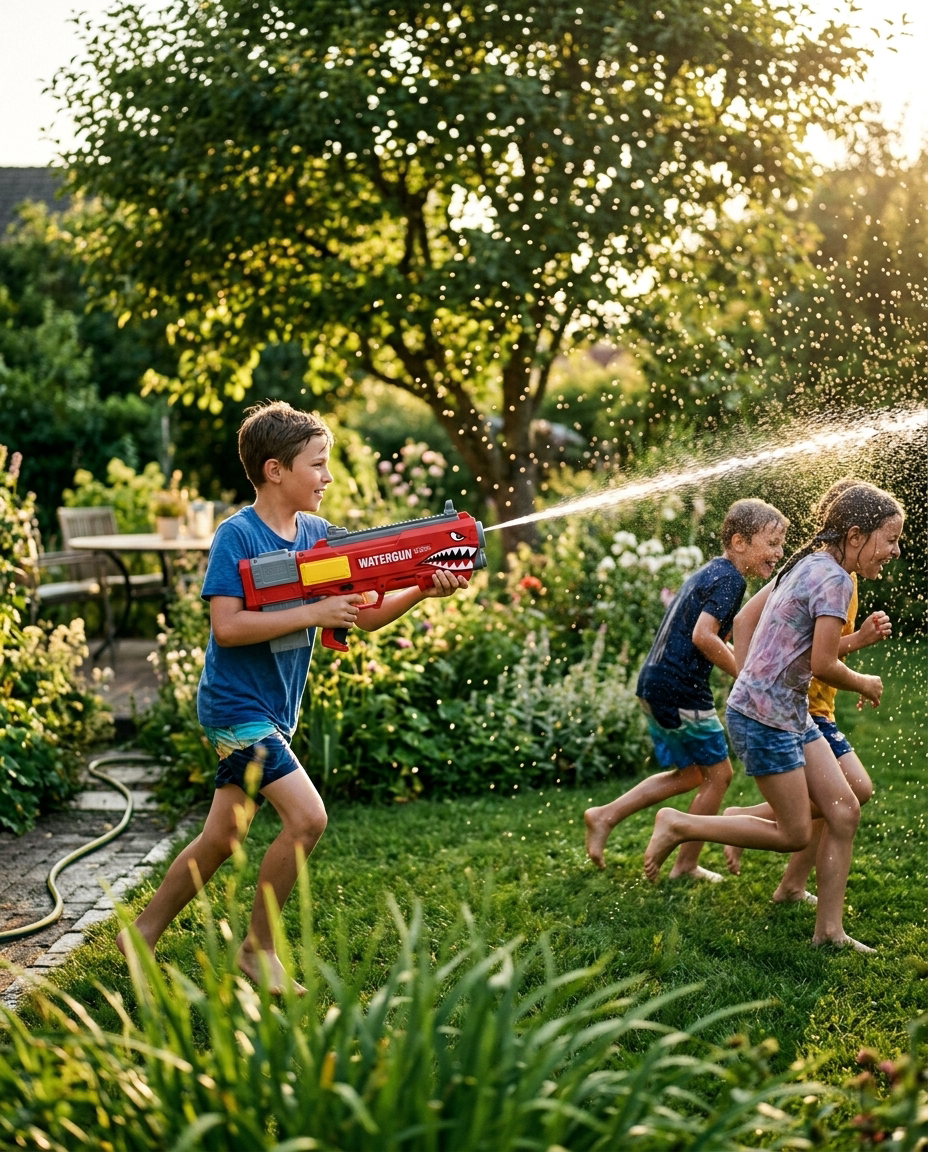 Shark Water Gun — lifestyle, dečak juri drugare u dvorištu