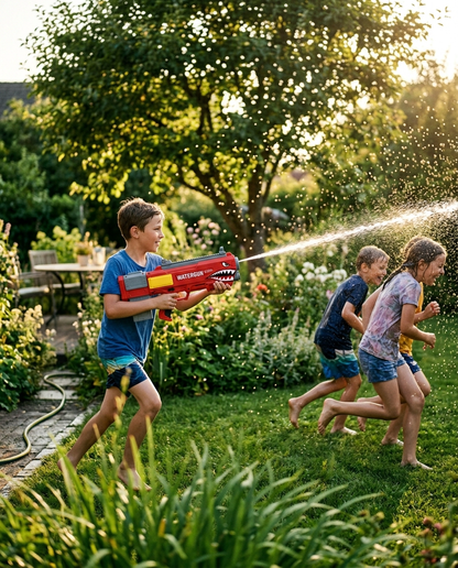 Shark Water Gun — lifestyle, dečak juri drugare u dvorištu