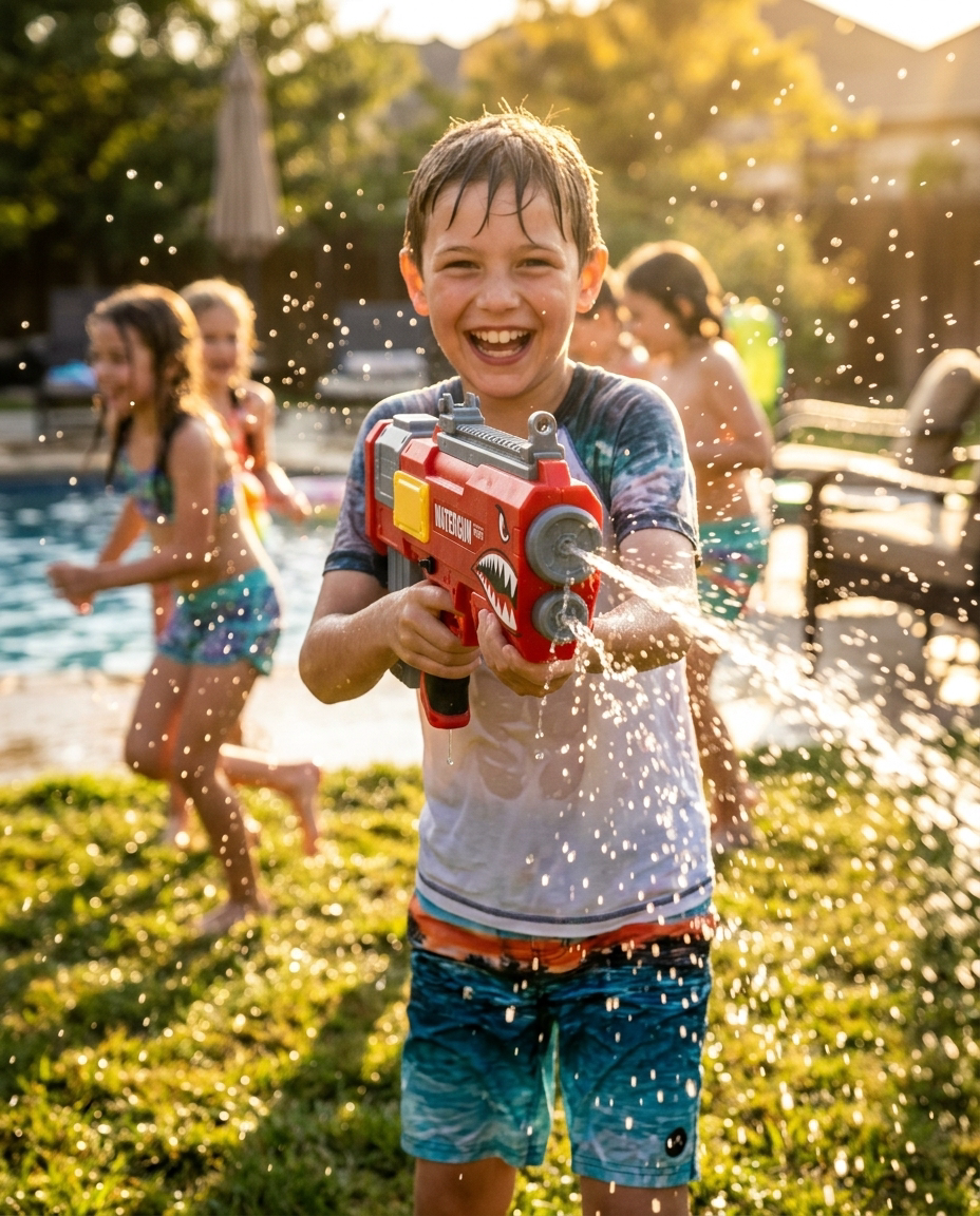 Shark Water Gun — lifestyle, dečak nišani u kameru