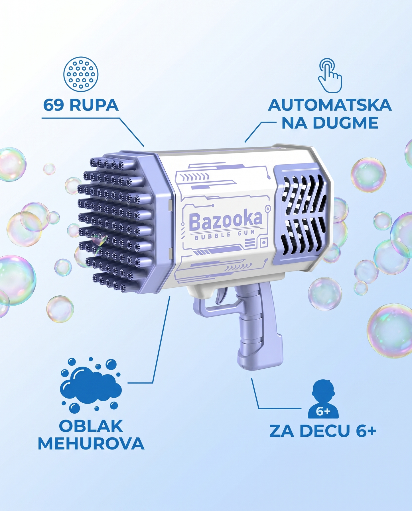 Bazooka karakteristike: 69 rupa, automatska na dugme, oblak mehurova, za decu 6+