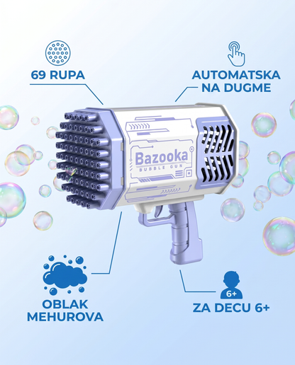 Bazooka karakteristike: 69 rupa, automatska na dugme, oblak mehurova, za decu 6+