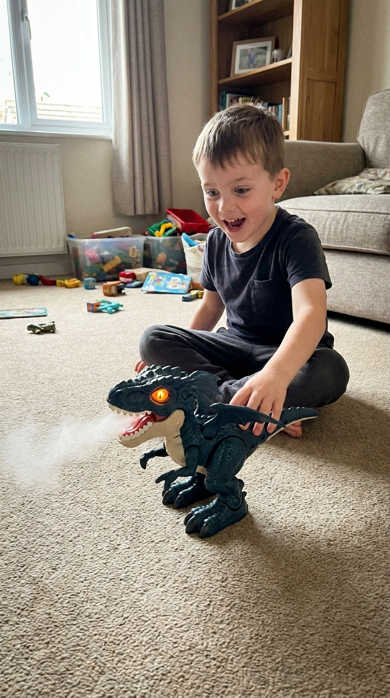 Dečak se igra električnim dinosaurusom u dnevnoj sobi