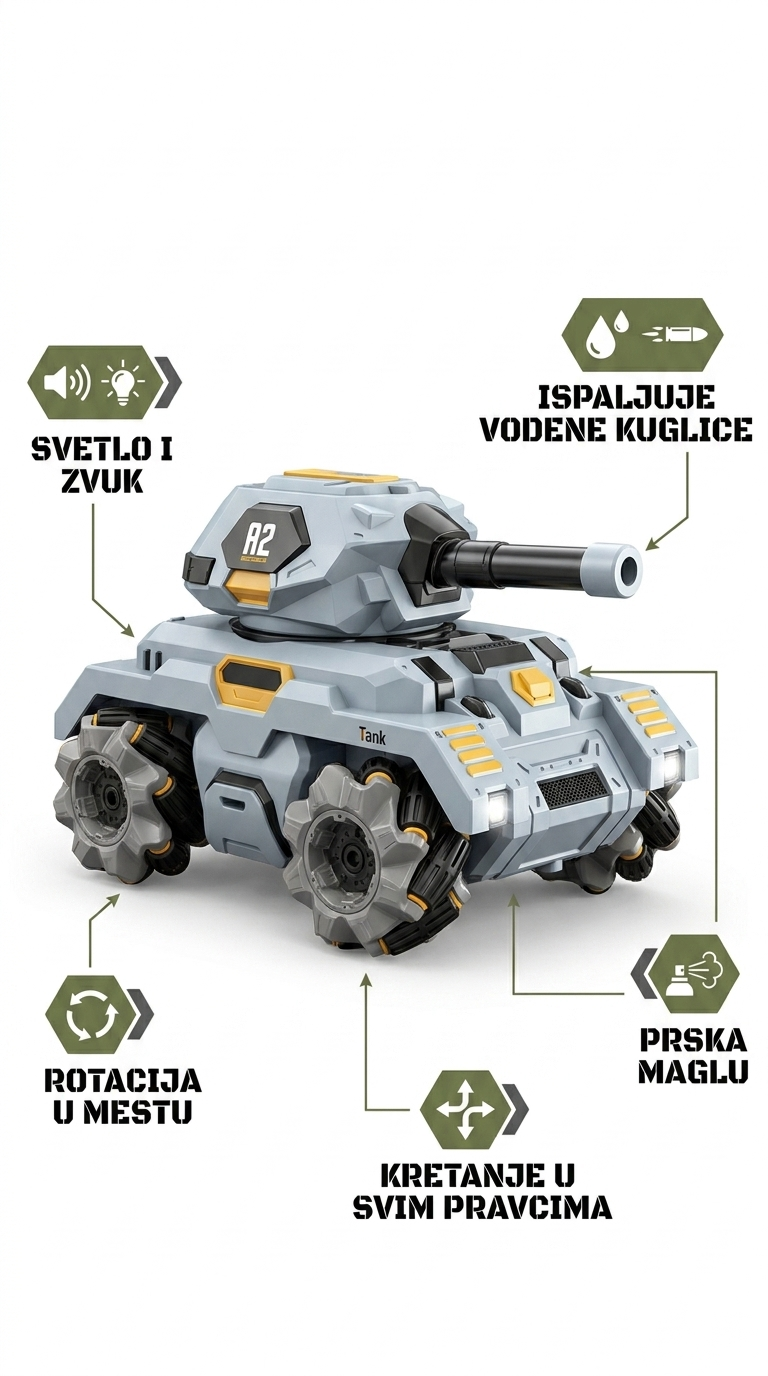 RC tenk Drift Tank A2 — taktička infografika sa svih 5 funkcija